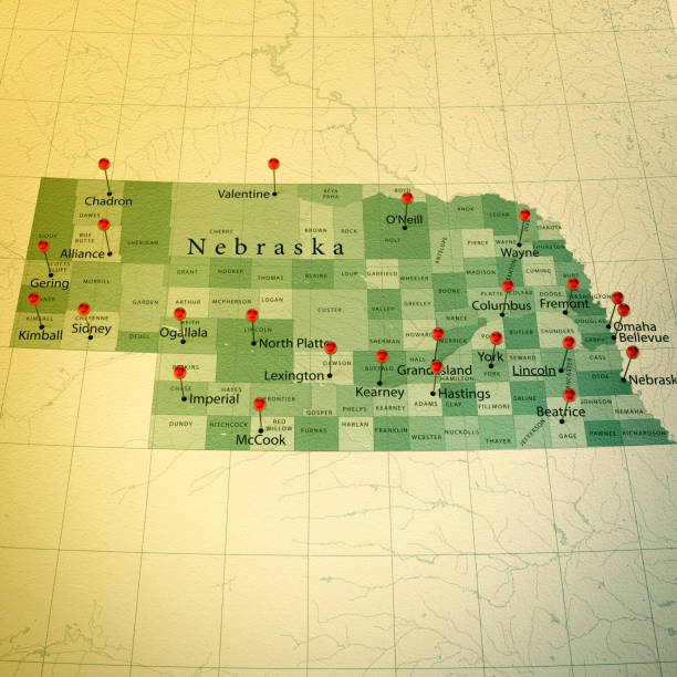 nebraska map square cities straight pin vintage - nebraska lincoln nebraska map physical geography foto e immagini stock