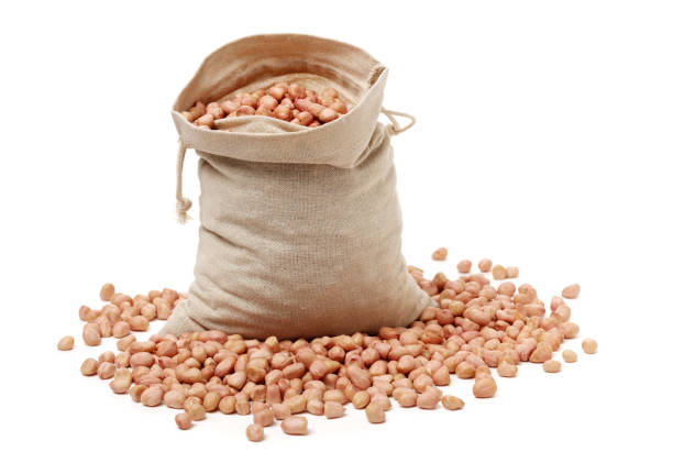arachidi sbucciate sparse da un sacco su sfondo bianco - peanut bag nut sack foto e immagini stock