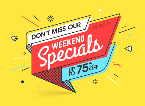 Weekend specials, sale banner template in flat trendy new geometric style, retro 80s - 90s paper style poster, placard, web banner designs, vector illustration