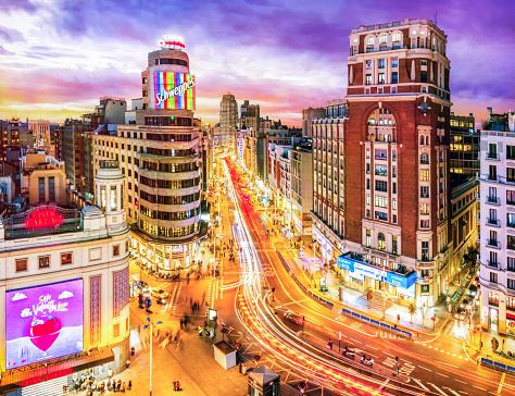 Aerial View of Gran Via in Madrid at sunset. Spain