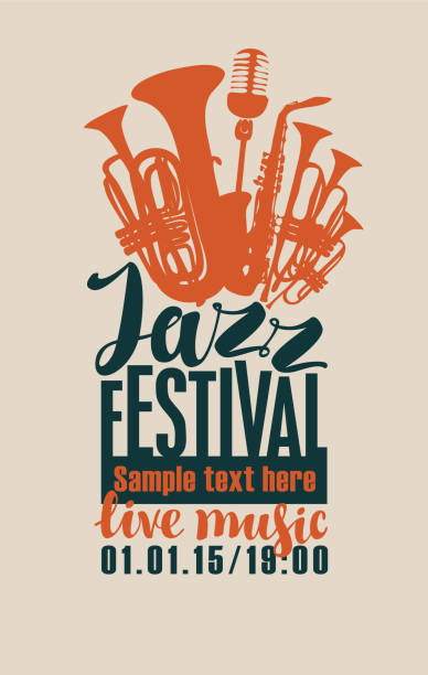 ilustraciones, imágenes clip art, dibujos animados e iconos de stock de cartel del festival jazz con instrumentos de viento y mic - brass instrument jazz brass trumpet