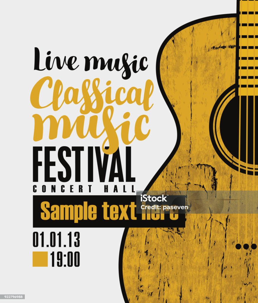 banner for festival classical music with a guitar Vector banner for a festival live music with the inscription Classical music and a wooden guitar in retro style Guitar stock vector