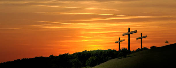 Religious representation with three crosses and nature landscape background