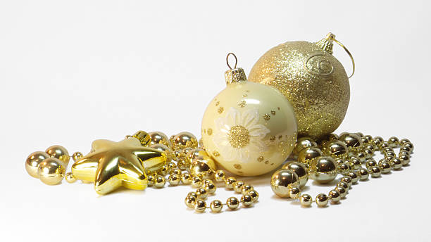 golden christmas balls and star on white background stock photo