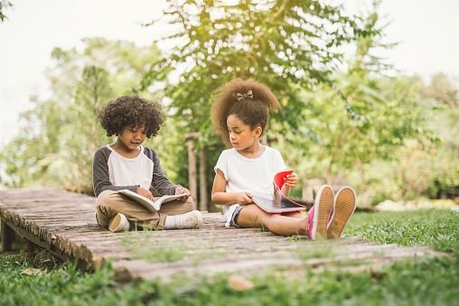 little Afro child girl reading book between green spikes meadow garden with friend  read education concept