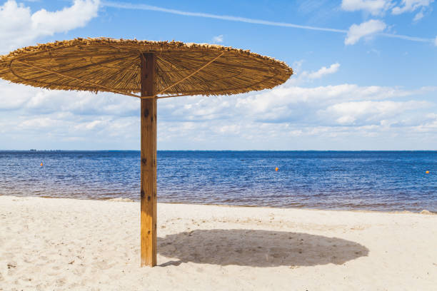 Sunshade on sandy beach on summer day Artificial canopy from the sun in the form of a large mushroom stands on a deserted sandy beach by the sea on a hot day civilized stock pictures, royalty-free photos & images