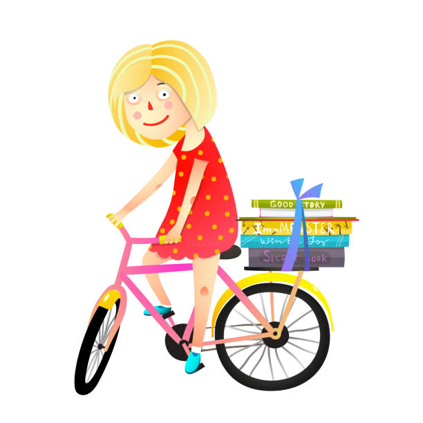 ilustrações, clipart, desenhos animados e ícones de menina livros e desenhos animados crianças de bicicleta - computer graphic multi colored little girls teenage girls