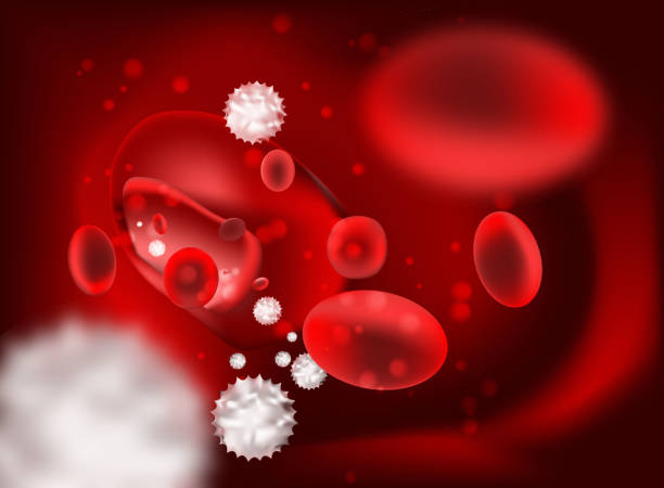 3d streaming-blutkörperchen auf rotem grund. - blood cell formation stock-grafiken, -clipart, -cartoons und -symbole