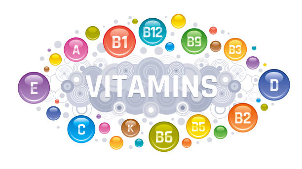 ilustrações, clipart, desenhos animados e ícones de ícones de complexo multi vitamina. vitamina a, grupo b - b1, b2, b3, b5, b6, b9, b12, c, d, e, k suplemento multivitamínico símbolo, isolado de fundo branco. cartaz de infográfico de dieta. ilustração do vetor de farmácia - vitamin k illustrations