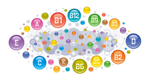 マルチ ビタミン複雑なアイコン。ビタミン a、b 群の b1、b2、b3、b5、b6、b9、b12、c、d、e、k 総合ビタミン剤シンボル、孤立した白い背景。ダイエット インフォ グラフィック ポスター。薬局� - vitamin k illustrations点のイラスト素材／クリップアート素材／マンガ素材／アイコン素材