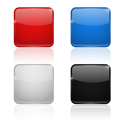 Square glass buttons. Colored set 3d icons. Vector illustration isolated on white background