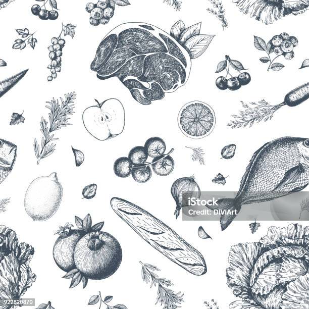 Gesunde Ernährung Musterdesign Handgezeichnete Vektorillustration Hintergrund Mit Obst Gemüse Und Fleisch Biolebensmittelset Stock Vektor Art und mehr Bilder von Gemüse