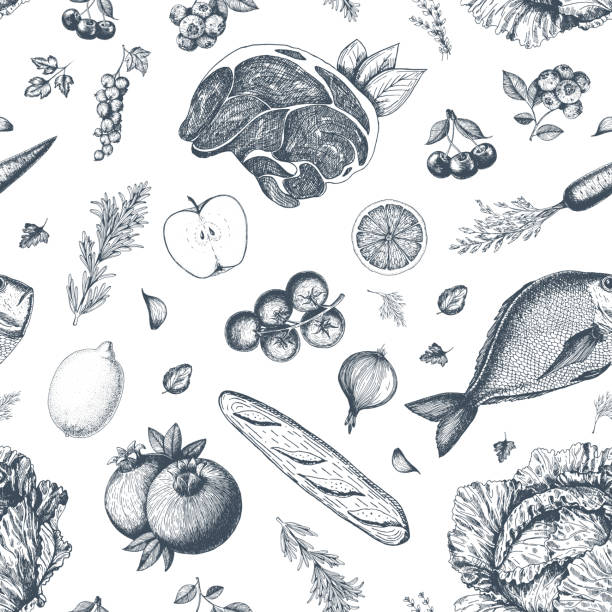 illustrations, cliparts, dessins animés et icônes de modèle sans soudure alimentation saine. illustration vectorielle dessinés à la main. fond avec des légumes, de fruits et de viande. ensemble des aliments biologiques - white tomato backgrounds vegetable