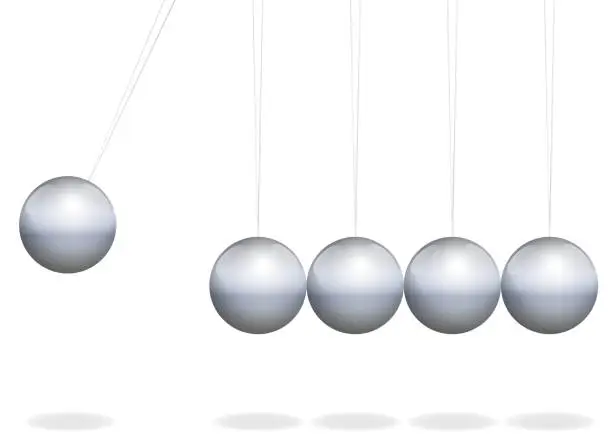 Vector illustration of Newtons cradle. Physical toy with metal balls as pendulum - isolated vector illustration on white background.