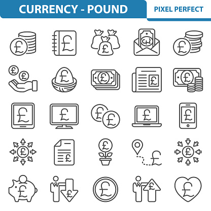 Professional, pixel perfect icons depicting various british pound, currency and money concepts.
