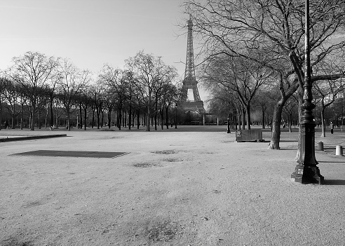 Distance perspective view of the Eiffel Tower in Paris, France, using the lines of trees to lead the eye and add to the depth of field. Converted to black and white. Taken with Canon 40D