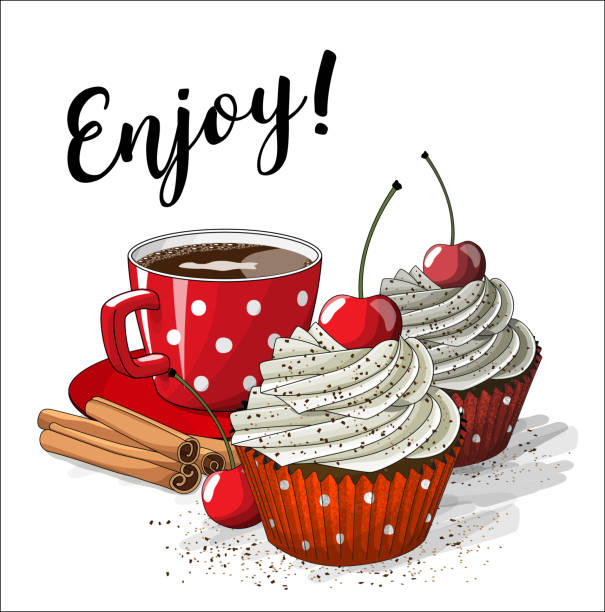 Red cup of coffe with two cupcakes and four cinnamon sticks, illustration vector art illustration