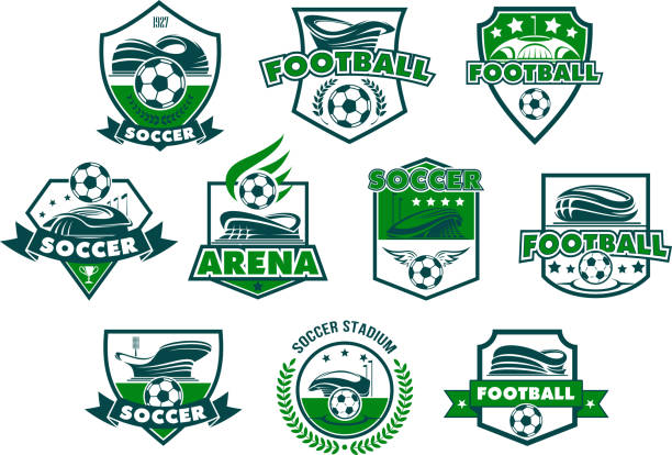 足球俱樂部徽章與橄欖球體育場和球 - american football stadium 幅插畫檔、美工圖案、卡通及圖標
