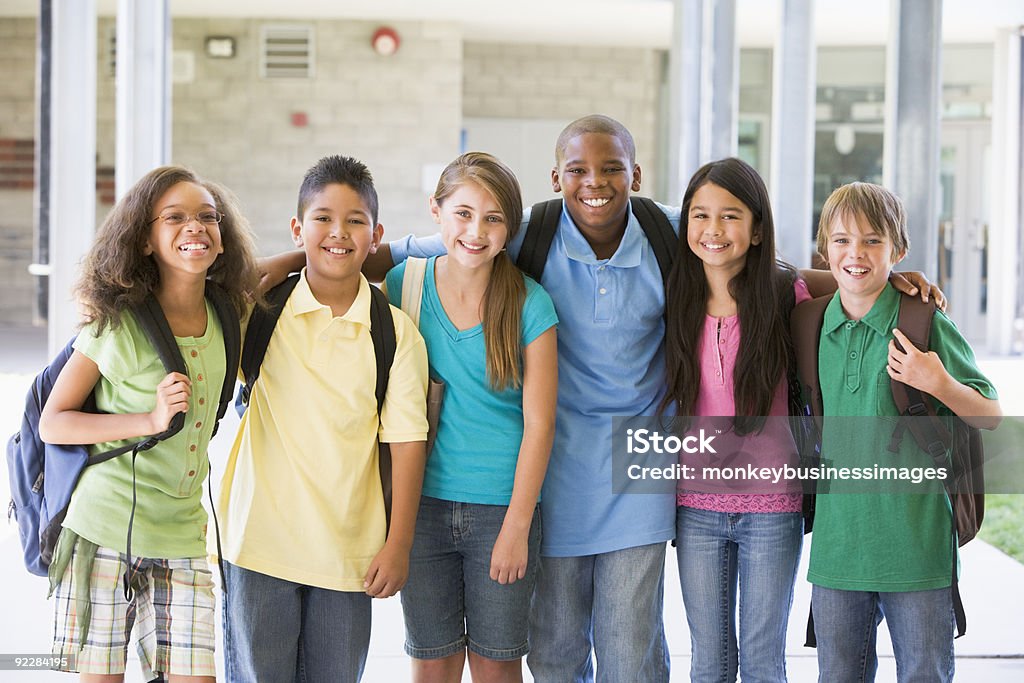 Elementary school class outside Elementary school class standing outside Child Stock Photo