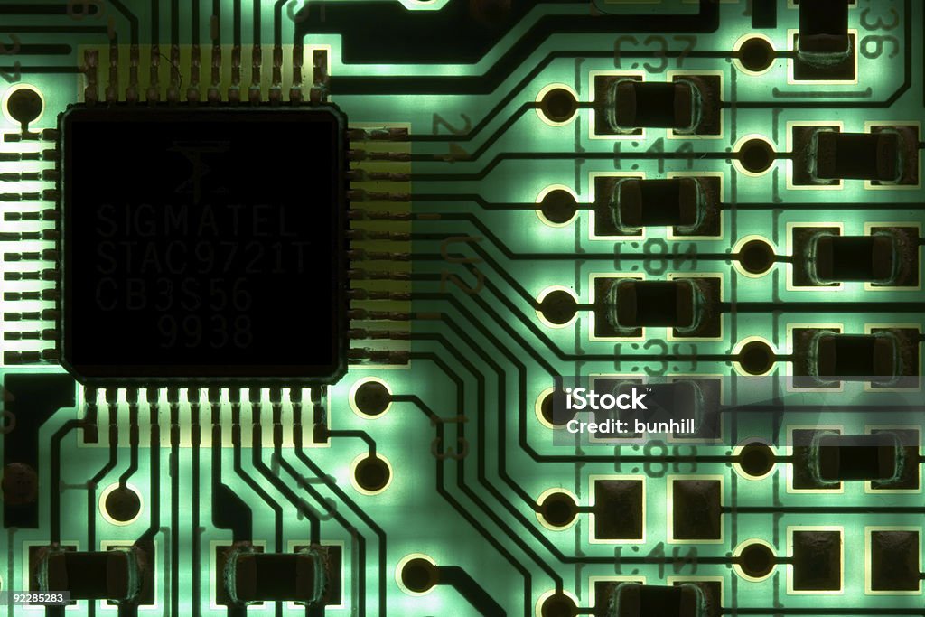 Green Computer Chip Technology - Electronics : High Tech  Back Lit Stock Photo