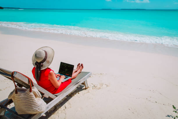 istock remote work concept -young woman with laptop on beach 922853698