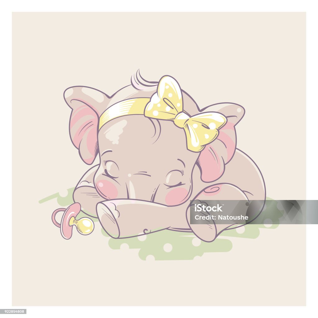 Baby elephant girl. Cute little newborn baby elephant girl sleeping. Cartoon character of baby girl of 1 - 6 months old, with pacifier. Happy healthy child. Pastels colors vector illustration. Pregnant stock vector