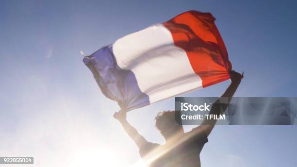 Foto de Jovem Segurando Francês Bandeira Nacional Para O Céu Com As Duas Mãos Na Praia Por Do Solfrance e mais fotos de stock de França