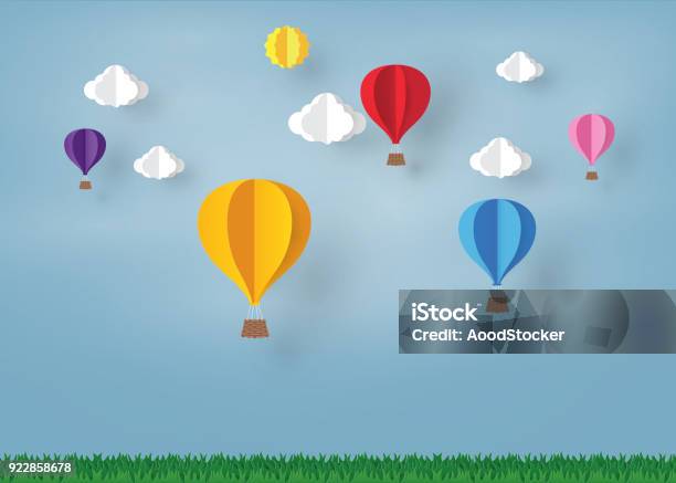 Colorful Ballon And Cloud In The Blue Sky With Paper Art Design Vector Design Element And Illustration Stock Illustration - Download Image Now