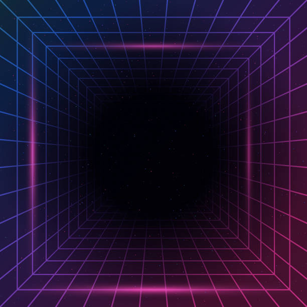 80s Retro Background A retro-futuristic style background, emulating science fiction movies from the 1980s. This design features a three-dimensional square tunnel with glowing grid lines on all sides disappearing into space. With the current revival of 80s design styles, this is an ideal design element for your 80s themed party, poster or design project. All elements of this vector illustration are grouped onto clearly labelled layers within the EPS10 file making it easy for you to edit and customize to suit your needs. technology backgrounds video stock illustrations