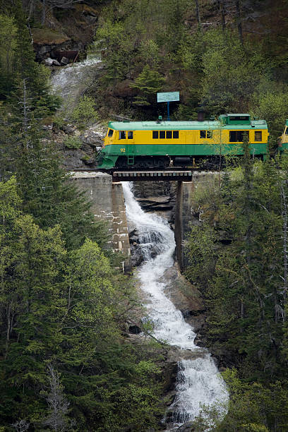 Passenger train ascending Alaska's White Pass with snowy peaks towering above; the Klondike Highway is visible just below center on the far side of the valley.