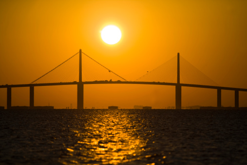 Sunrise over the Sunshine Skyway Bridge in Tampa Bay.