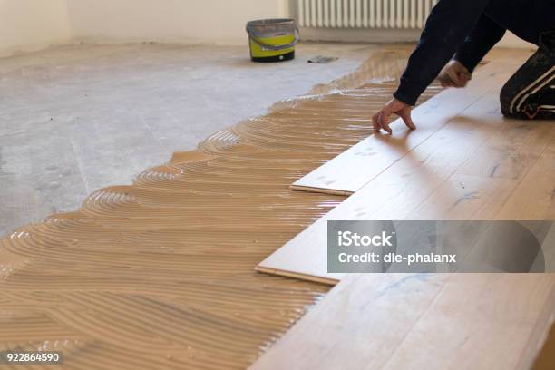 Renovation Of An Apartment Skilled Worker Uses A Plastic Hammer When Installing Prefinished Interlocking Parquet Stock Photo - Download Image Now