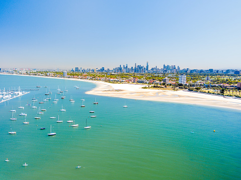 An aerial view of the St Kilda Pier a famous location in Melbourne, Australia with blue water