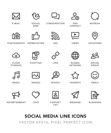 Social Media Line Icons Vector EPS 10 File, Pixel Perfect Icons.