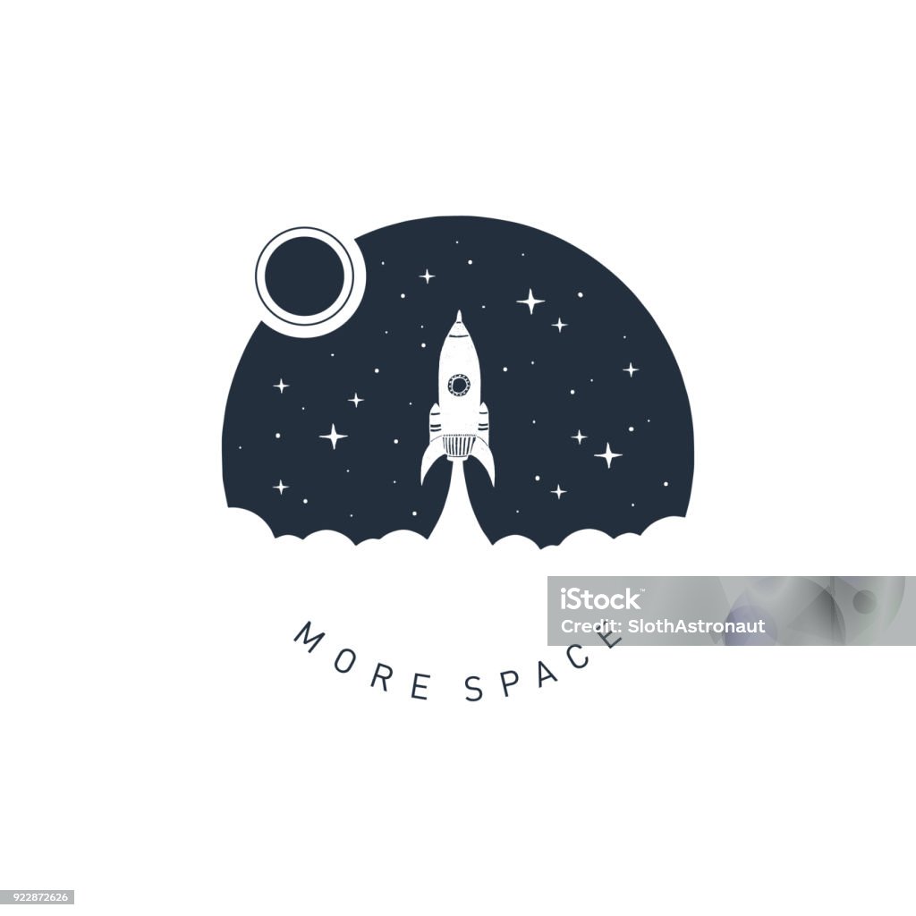 Hand drawn space badge with textured vector illustration. Hand drawn space badge with rocket textured vector illustration and "More space" lettering. Rocketship stock vector