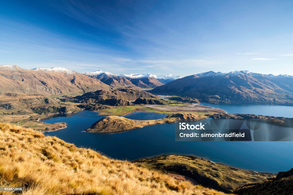 Lake Wanaka From Roys Peak Looking out across Lake Wanaka from Roys Peak New Zealand Stock Photo