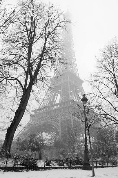 istock Black and white photo of the Eiffel Tower during snow 92287525