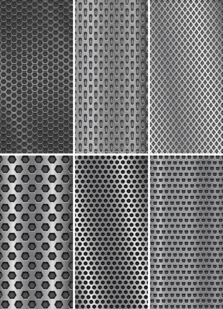 kolekcja metalowych tła. perforowane tekstury stali. szablony ulotek - brushed aluminum steel backgrounds stock illustrations