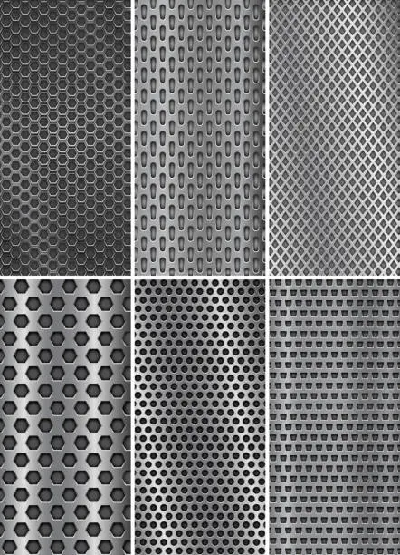 Vector illustration of Collection of metal backgrounds. Perforated steel textures. Flyer templates