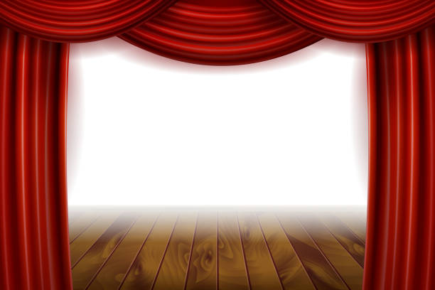 istock Open Red Velvet Movie Curtains with White Screen. 922876882