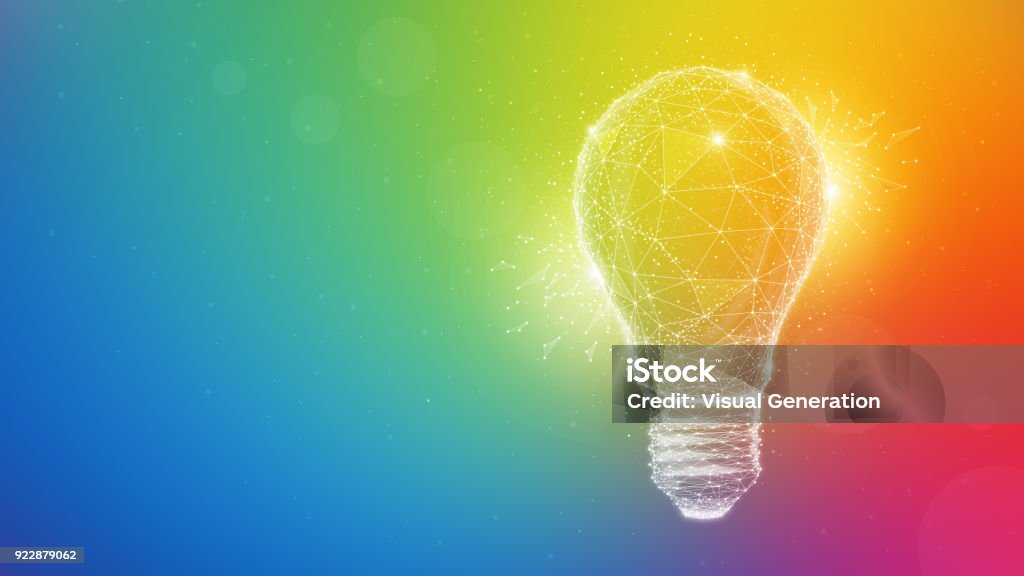 Polygon idea light bulb on multicolored background Polygon idea light bulb on blurred gradient multicolored background. Global cryptocurrency blockchain business banner concept. Lamp symbolize inspiration, innovation, invention, effective thinking. Light Bulb stock illustration