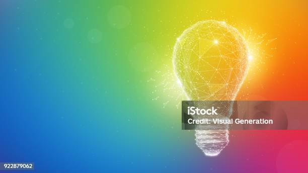 Polygon Idea Light Bulb On Multicolored Background Stock Illustration - Download Image Now - Light Bulb, Inspiration, Multi Colored