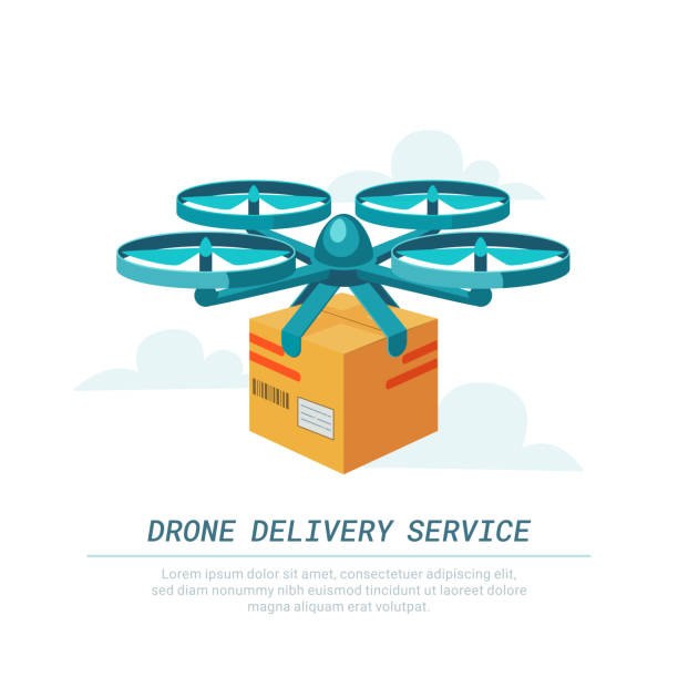 illustrazioni stock, clip art, cartoni animati e icone di tendenza di servizio di consegna droni. drone aereo remoto con pacco. consegna moderna del pacco volando quadricottero. concetto di stile piatto - helicopter air vehicle business cargo container