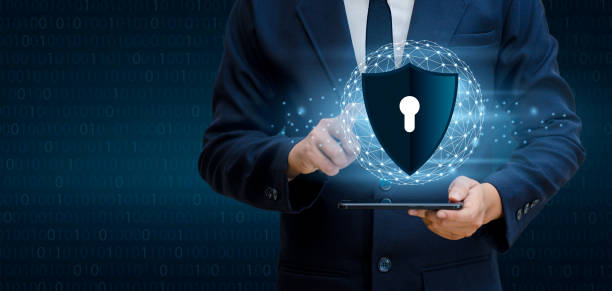 istock Earth polygon mesh planet World Businessmen shake hands to protect information in cyberspace. Businessman holding shield protect icon protection network security computer and safe your data concept 922886694