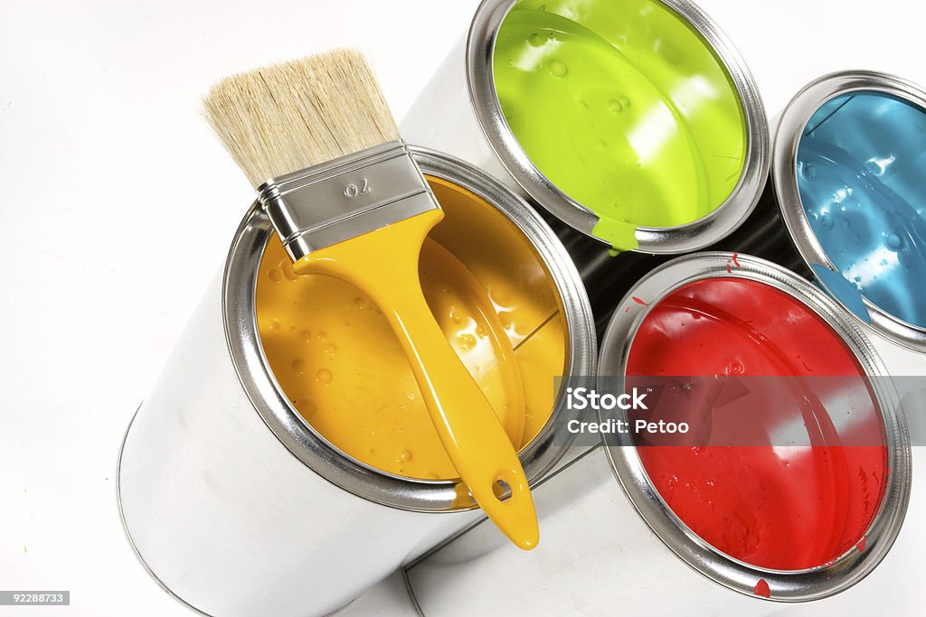 Opened paint buckets colors with paintbrush  Can Stock Photo