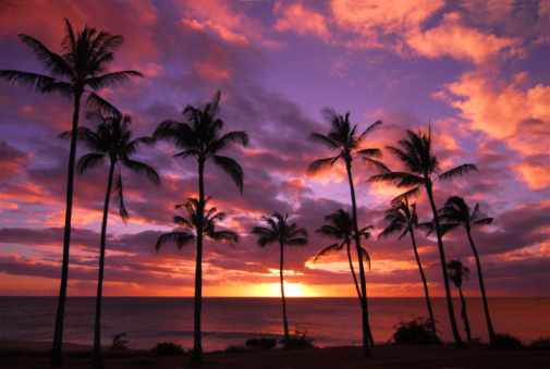 Sunset view of the Hawaiian Island of Lanai taken from the beach of Maui