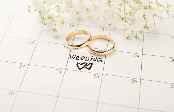 Word wedding on calendar with sweet flowers Word wedding, two hearts and gold rings on calendar with sweet white flowers. Love, invitation, advertisement, romantic background concept wedding stock pictures, royalty-free photos & images