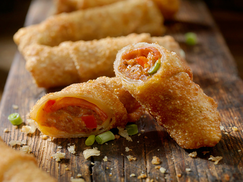 Pizza Egg Rolls with Sausage, Pepperoni, Peppers, Cheese and Marinara Sauce
