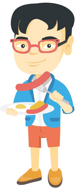 chłopiec jedzący kiełbasę i jajko sadzone na śniadanie - fork plate isolated scrambled eggs stock illustrations