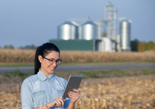 Woman with tablet in front of grain silos Pretty young woman holding tablet in field with grain silos in background. Agribusiness concept granary photos stock pictures, royalty-free photos & images